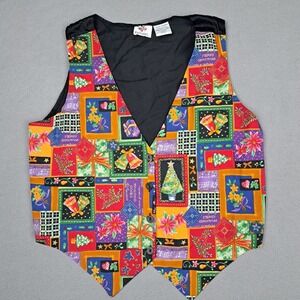 Vintage Nutcracker Christmas Vest Womens Large Colorful Holiday Print Trees Bell